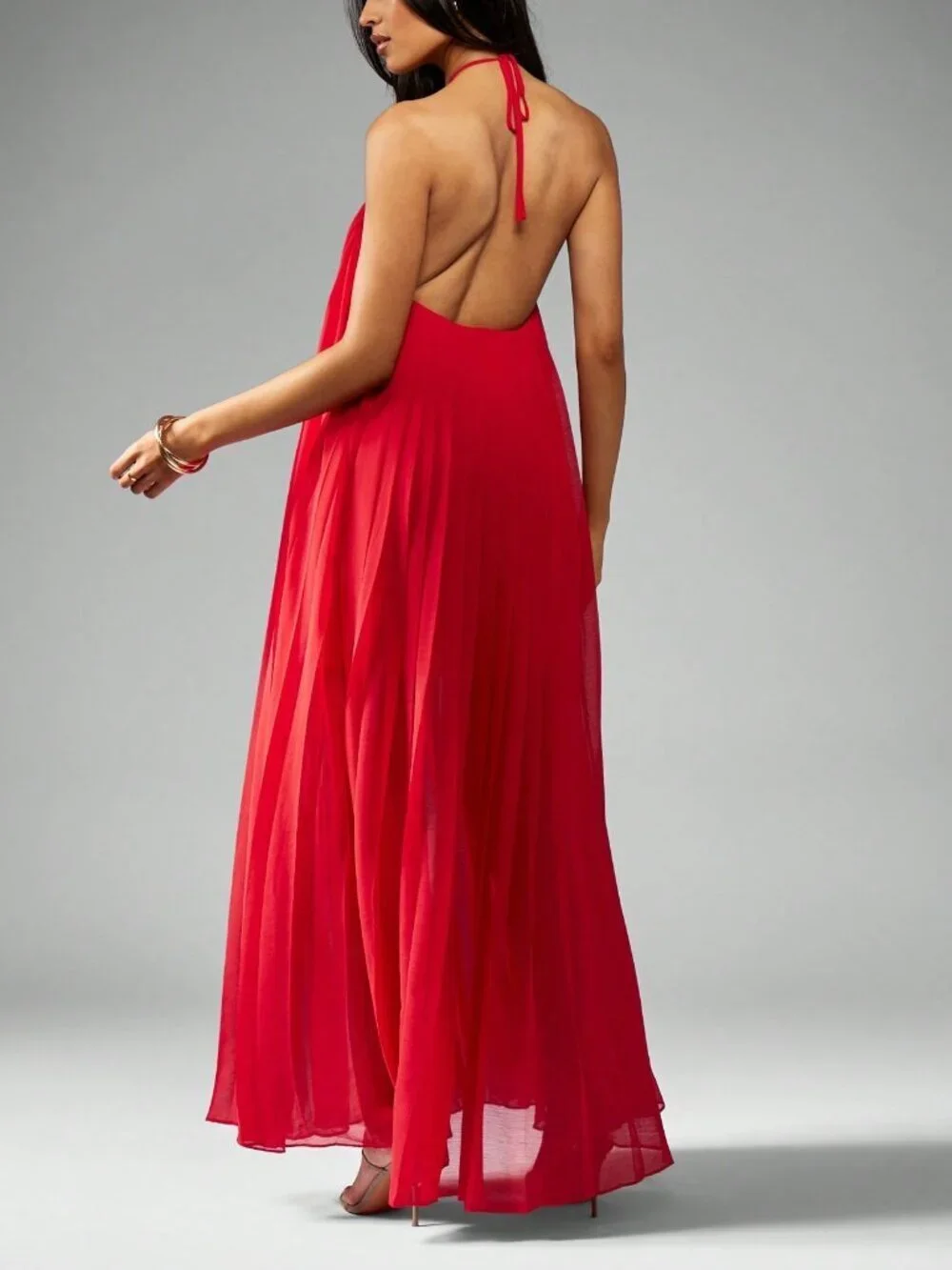 Red Casual Women's Pleated Maxi Halter Dress